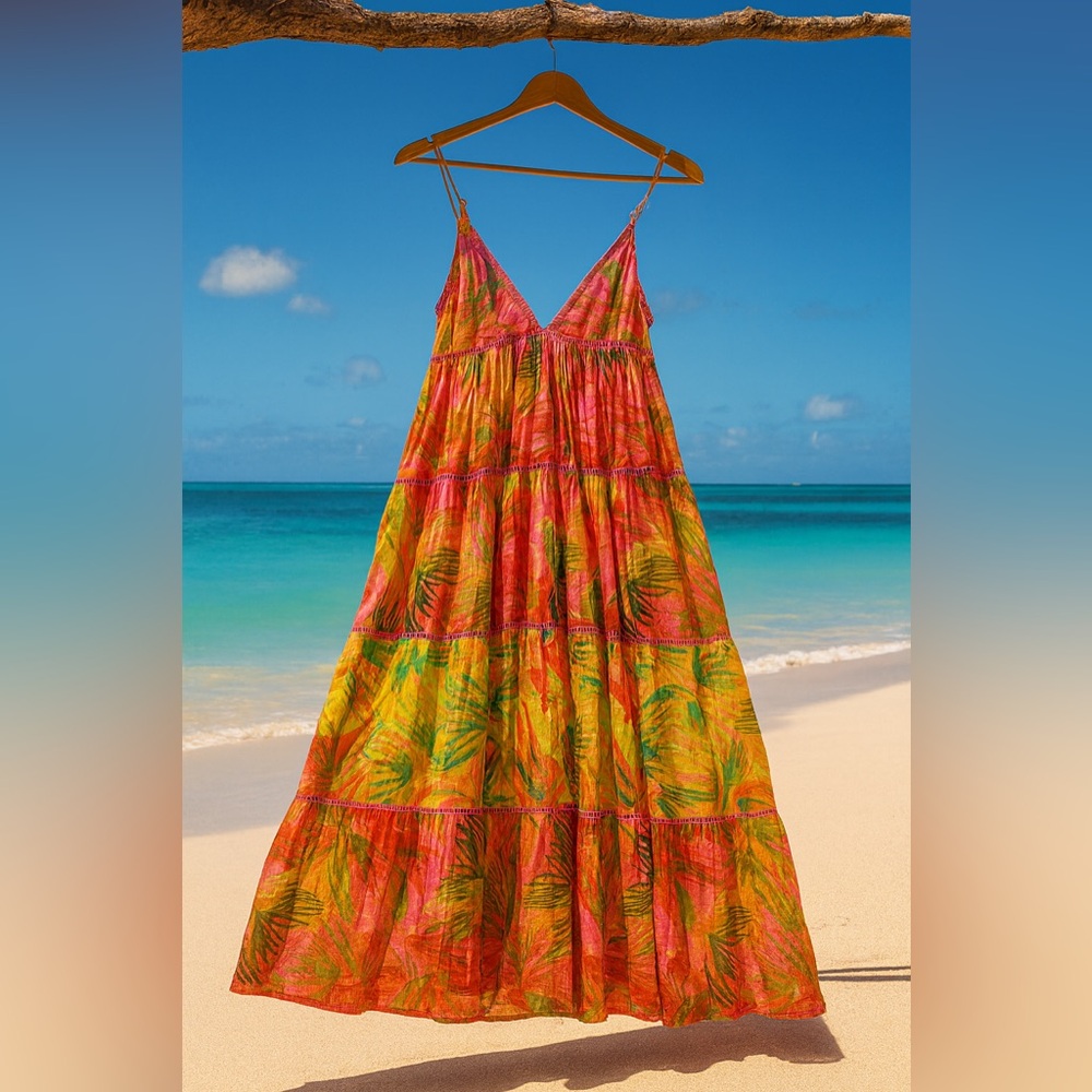 Farm Rio Maxi Dress Size- Large ,Tropical Print, Beach Ready, Resort Wear - Picture 3 of 11